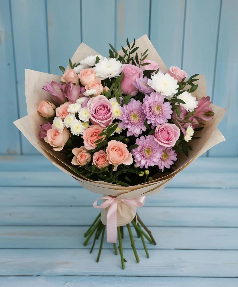 Букет цветов из: Хризантемы, Розы и Альстромерии в Урожайном