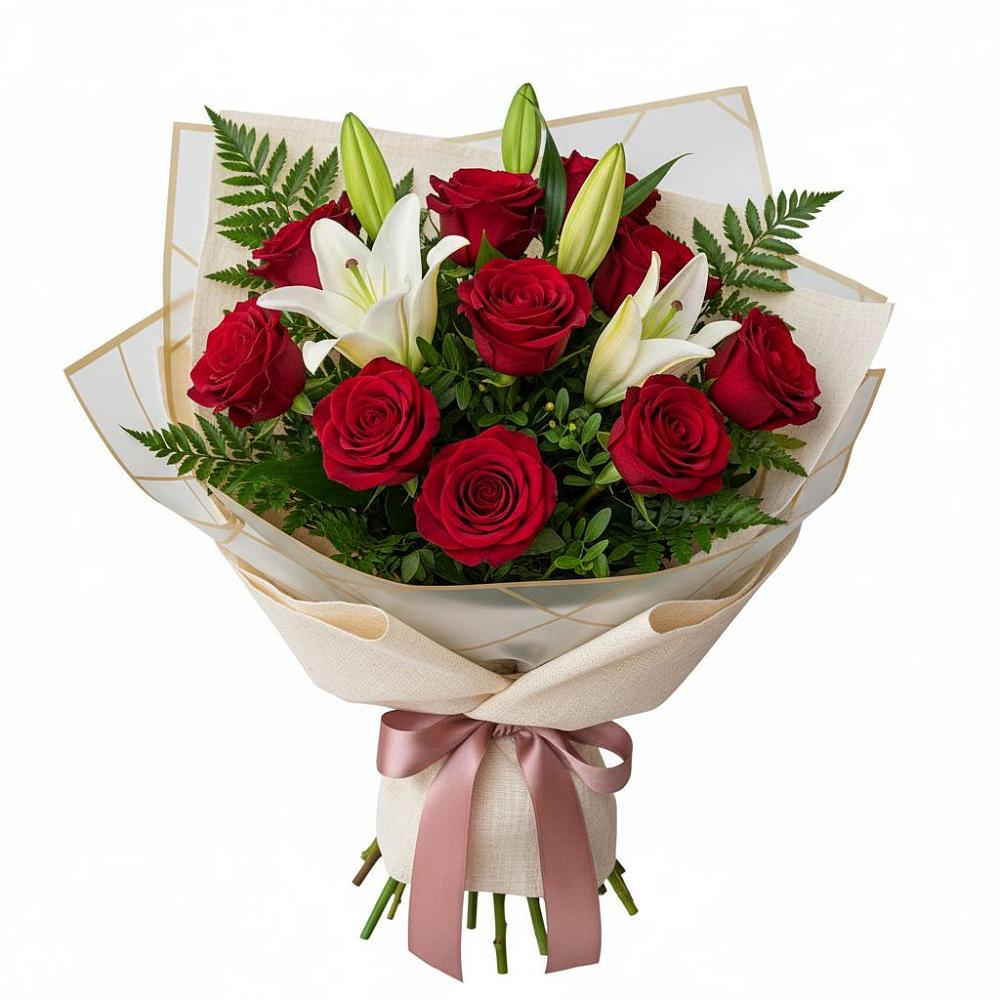 Букет цветов из: Лилии и Розы в Урожайном