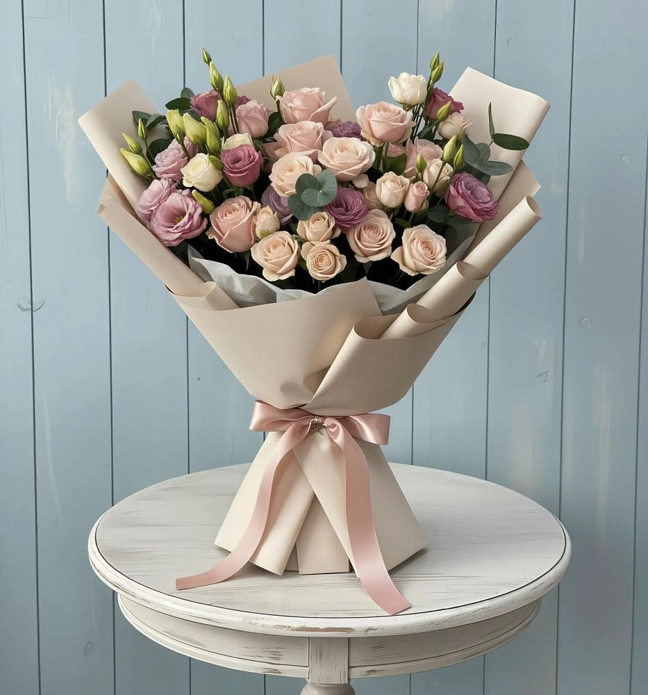 Букет цветов из: Розы и Лизиантусы в Урожайном