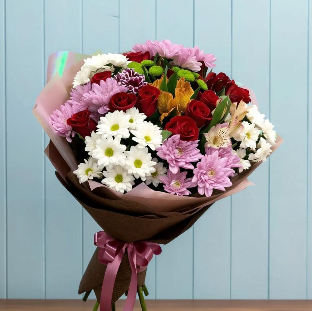 Букет цветов из: Розы, Хризантемы и Альстромерии в Урожайном