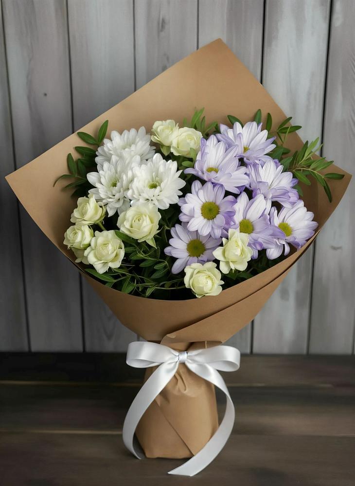 Букет цветов из: Хризантемы и Розы в Урожайном