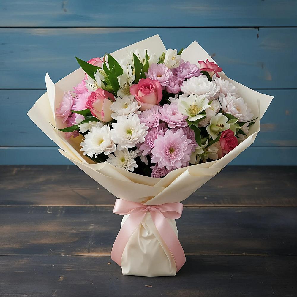 Букет цветов из: Хризантемы, Альстромерии и Розы в Урожайном